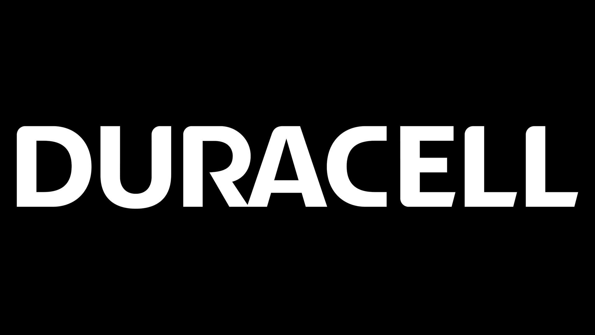 Logo Duracell in grassetto bianco su sfondo nero