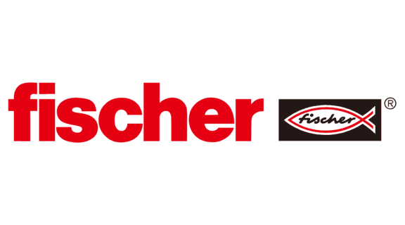 Logo Fischer in rosso con emblema ovale in bianco e nero.