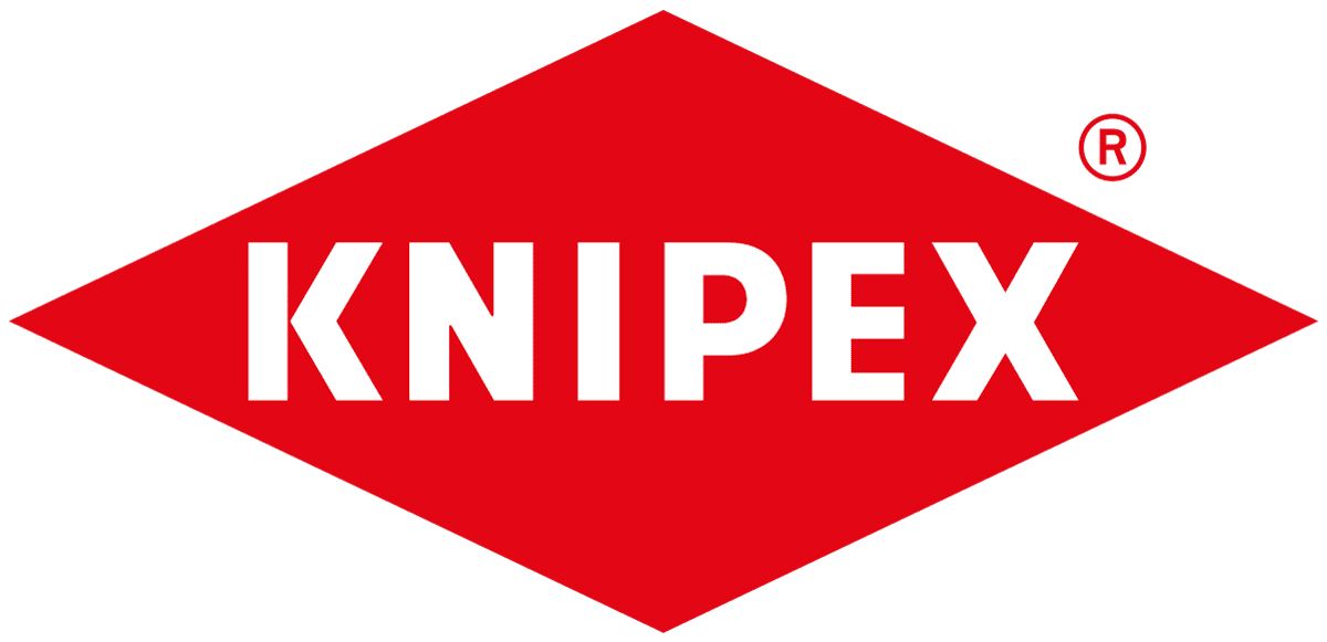 Logo KNIPEX: testo bianco su sfondo rosso a forma di rombo con un piccolo simbolo di marchio registrato.
