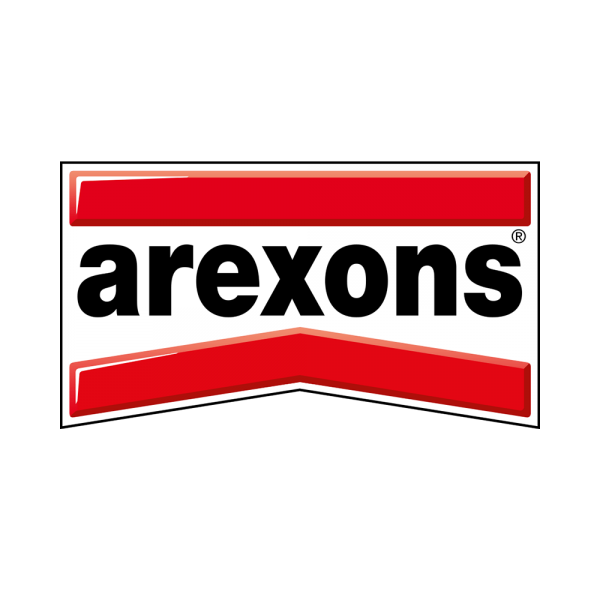 Logo Arexons in testo nero su sfondo bianco con accenti a banner rossi