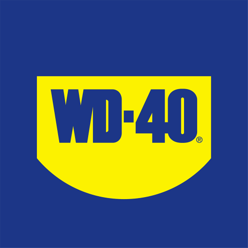 Logo WD-40 in blu e giallo con scritte blu scuro in grassetto