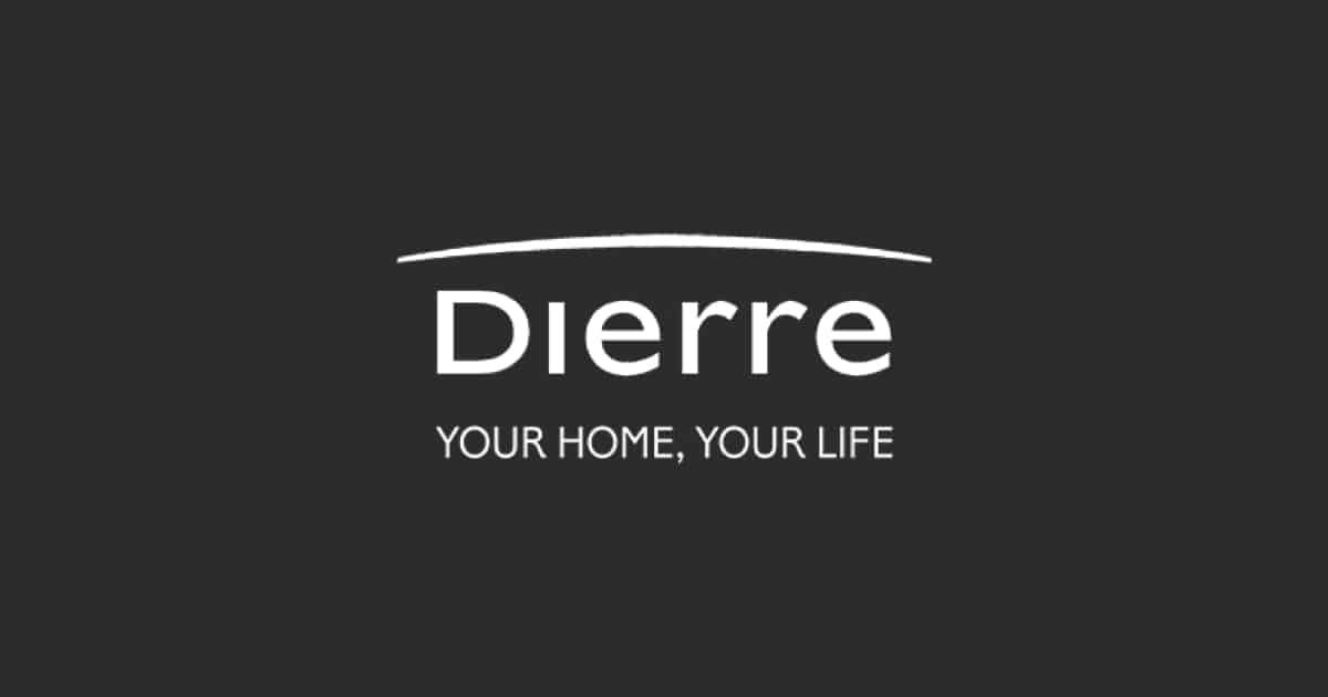 Logo Dierre in bianco su sfondo grigio scuro con lo slogan