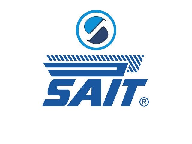 Logo SAIT in blu e bianco con un'icona circolare sopra il marchio denominativo