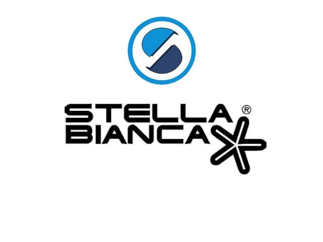 Logo Stella Bianca con emblema circolare blu e testo nero su sfondo bianco.