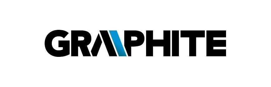 Logo GRAPHITE in nero con una A stilizzata blu su sfondo bianco.