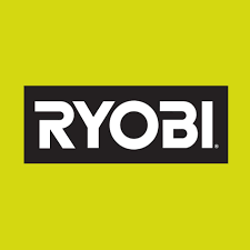 Logo RYOBI in bianco su rettangolo nero, su sfondo giallo brillante.