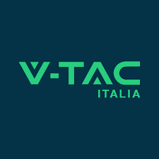 Logo V-TAC Italia in verde e turchese su sfondo blu scuro.