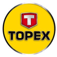 Logo TOPEX: cerchio giallo con scudo rosso e T bianca sopra la scritta nera.