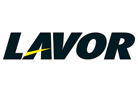 Logo LAVOR in testo blu scuro corsivo con un fulmine giallo che attraversa la O