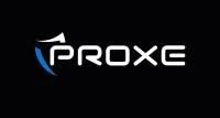 Logo PROXE in bianco e blu su sfondo nero.