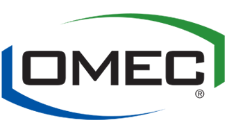 Logo OMEC in nero con linee blu e verdi su sfondo bianco.
