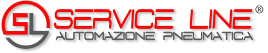 Logo per “Service Line Automazione Pneumatica” con scritte rosse e grigie ed emblema circolare rosso-grigio.