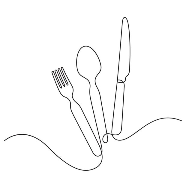 Disegno schematico di una forchetta, un cucchiaio e un coltello appoggiati su una linea ondulata
