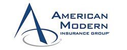 The american modern insurance group logo is blue and white.