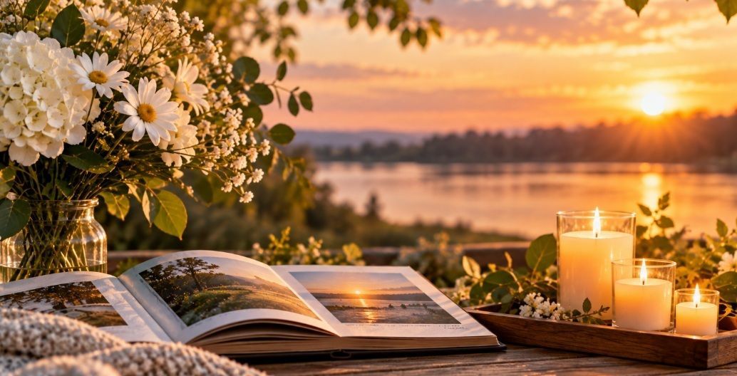 cremation services North Riverside, IL represented by a peaceful lakeside setting with flowers, cand