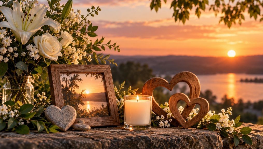 funeral homes Berwyn, IL tribute setting with white flowers, interlocking wooden hearts
