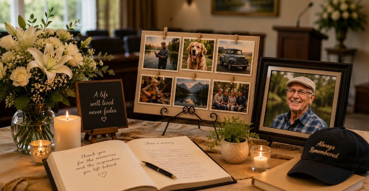Personalized cremation memorial display in Riverside, IL.