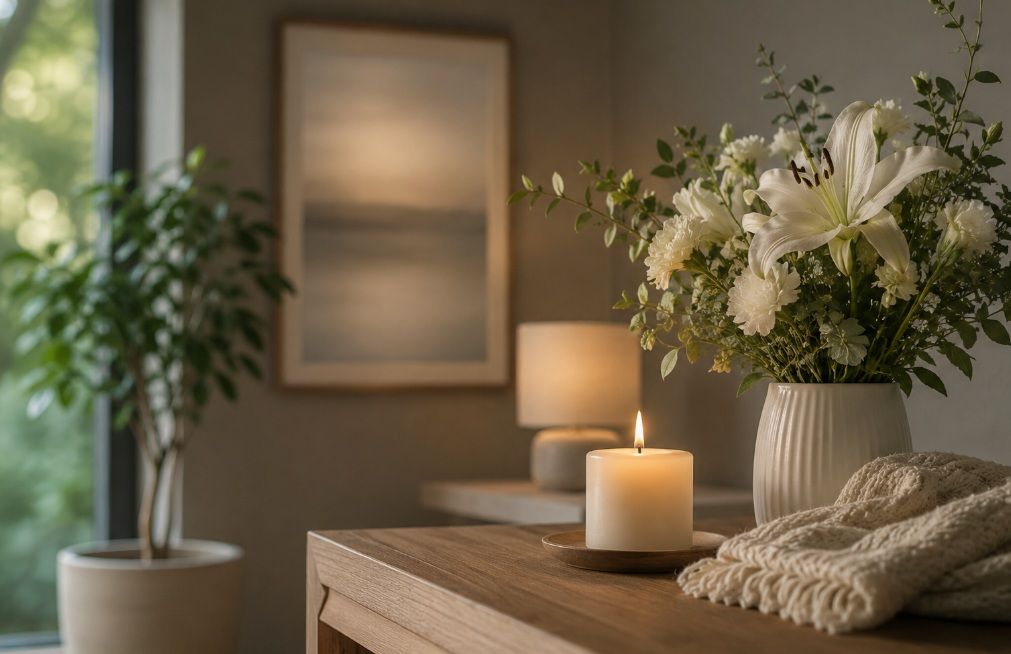 Trusted cremation services Berwyn, IL, with a peaceful candle and white flowers.