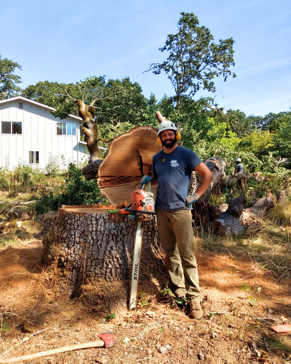 Man stands next to a carved wooden sculpture with a chainsaw in a sunny outdoor setting.