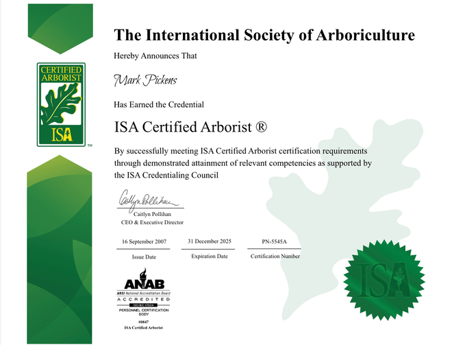 ISA Certified Arborist certificate with green accents and an oak leaf logo.