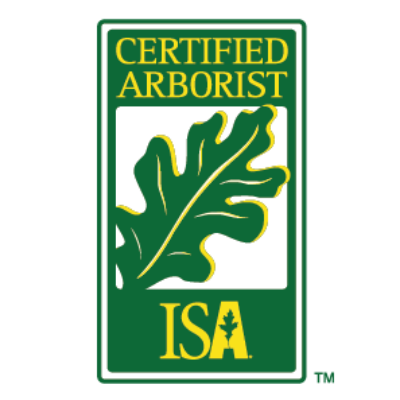 Certified Arborist ISA logo: green and yellow rectangle with an oak leaf inside, text reads 