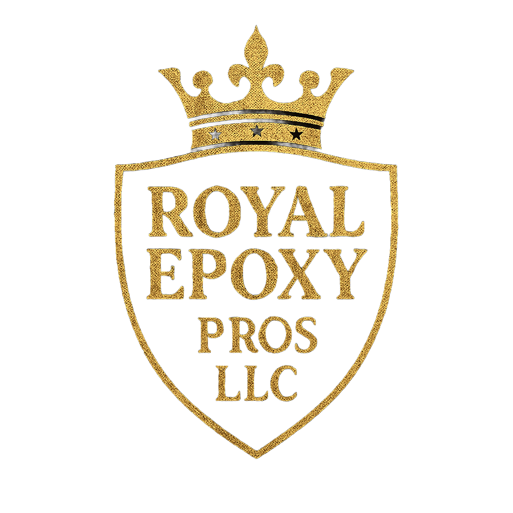 Gold crown and shield logo reading “Royal Epoxy Pros LLC”