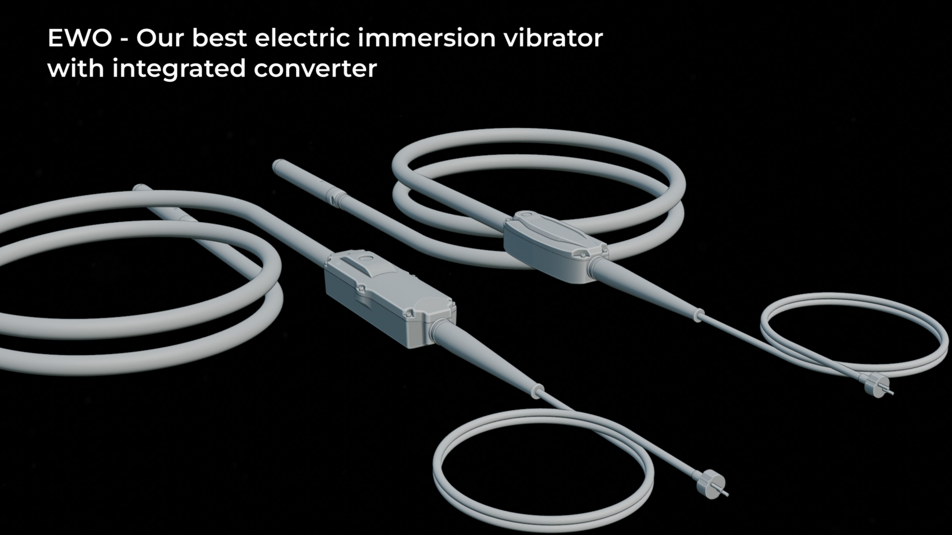 Two white electric immersion vibrators with integrated converters on a black background.