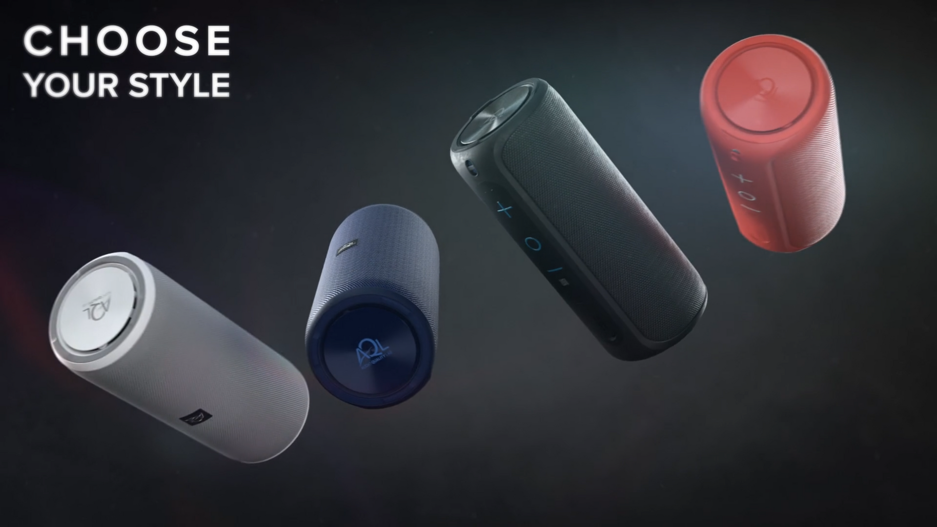 Four cylindrical speakers in different colors floating against a dark background, the text 