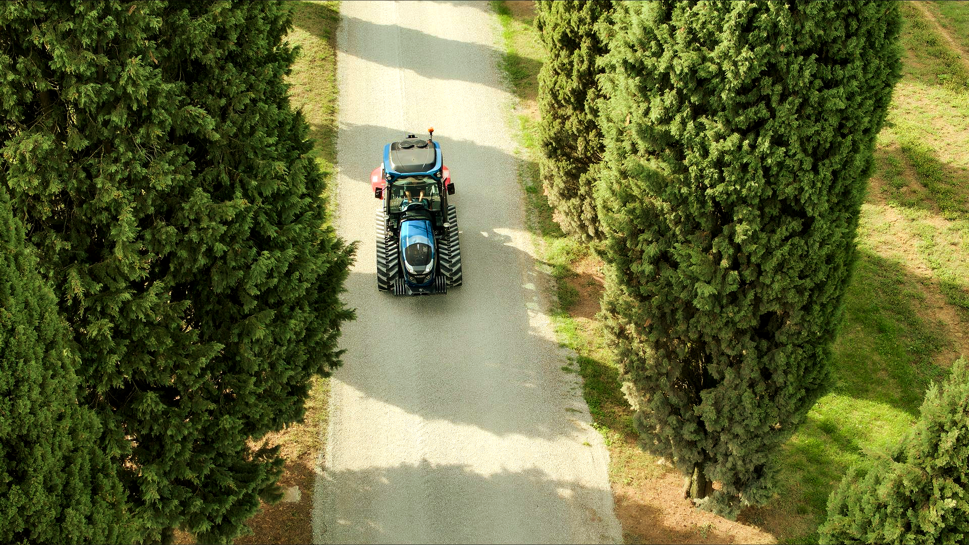 Blue tractor driving on a stone path lined with tall, green trees.