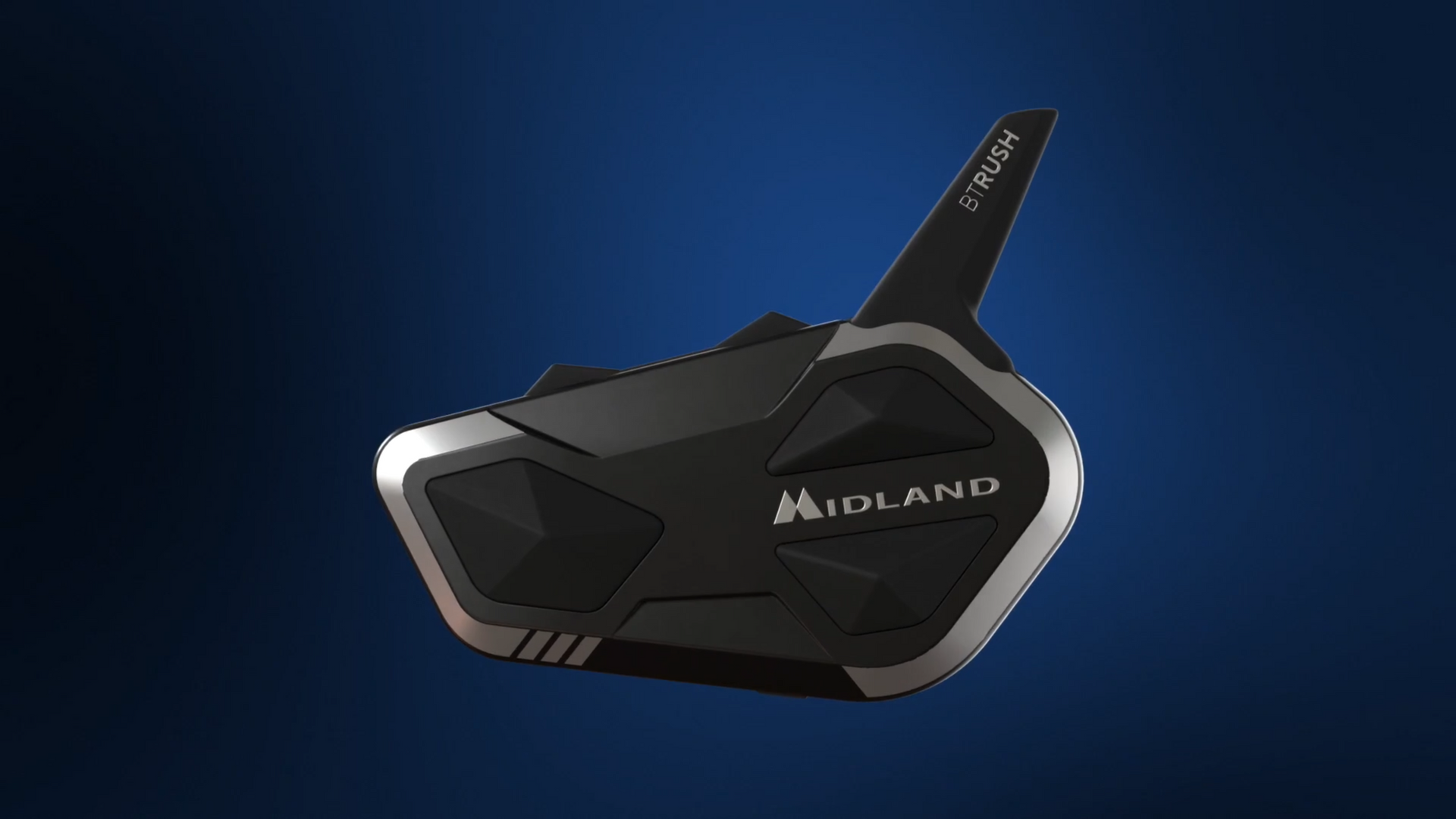 Black and silver Midland motorcycle helmet intercom on a blue background.