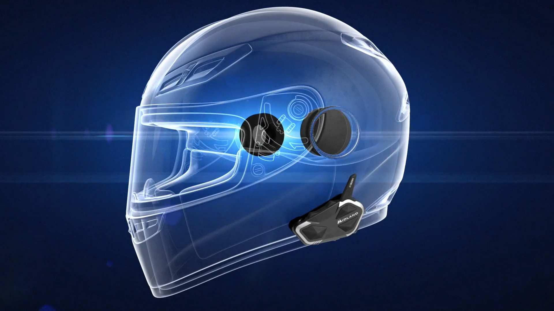 Blue motorcycle helmet with visible Bluetooth device components.