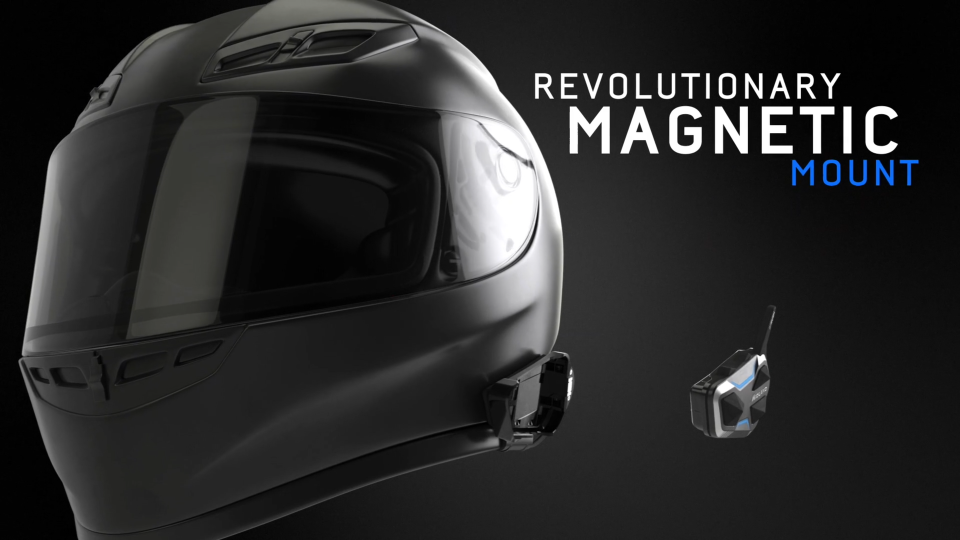 Black motorcycle helmet with a magnetic mount, showing how the device attaches.