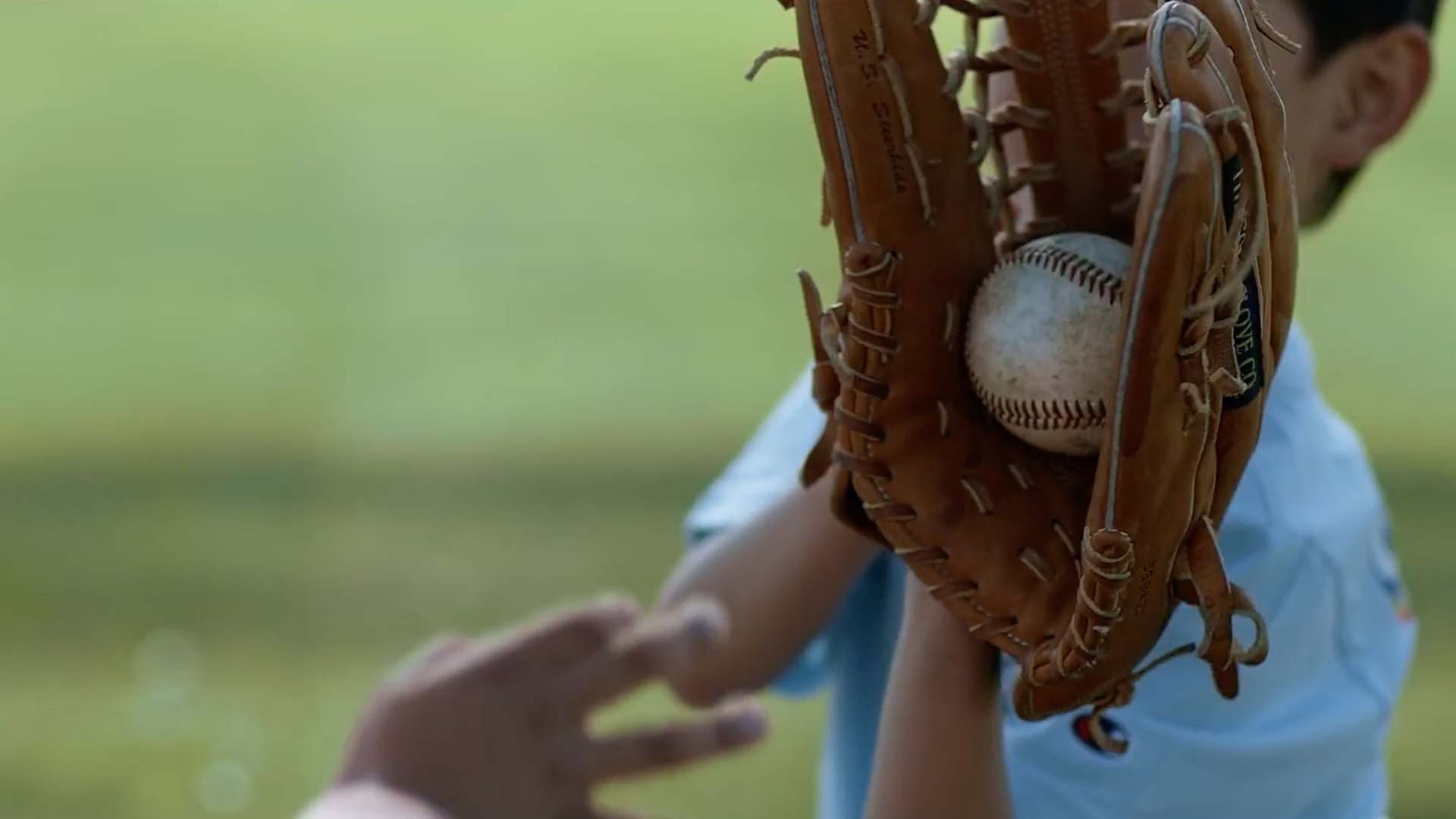 Pallone da baseball incastrato in un guantone; una persona con una maglietta blu allunga la mano in un campo verde sfocato.