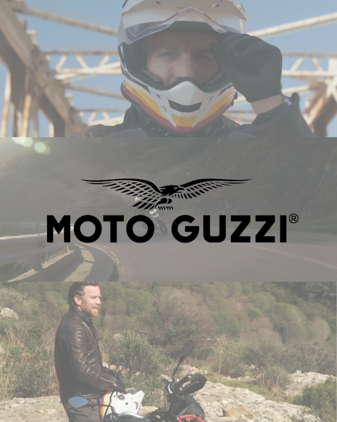 Moto Guzzi ad: Rider in helmet on a bridge, logo, then rider with motorcycle in a mountainous area.