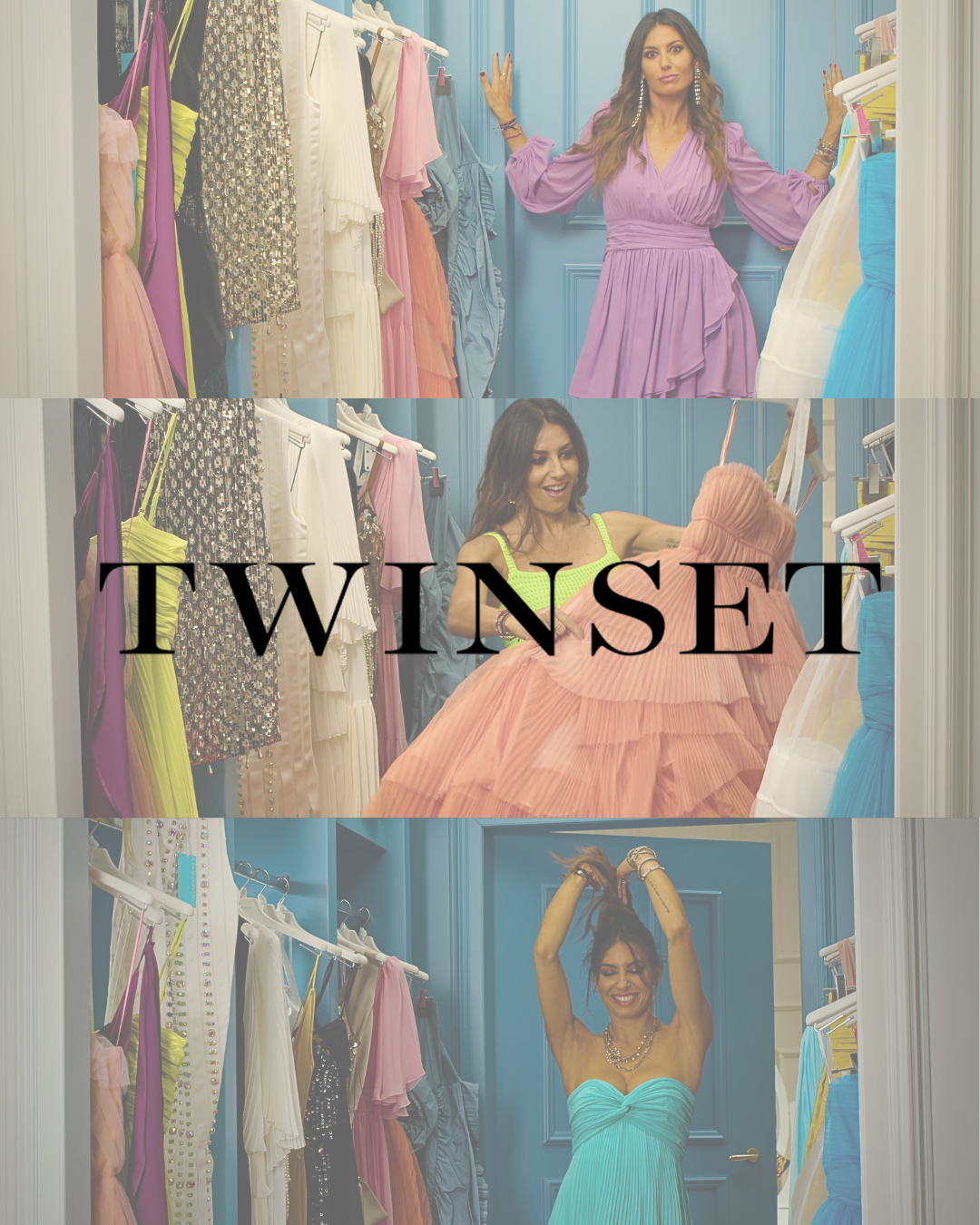Woman in colorful dresses in closet, 