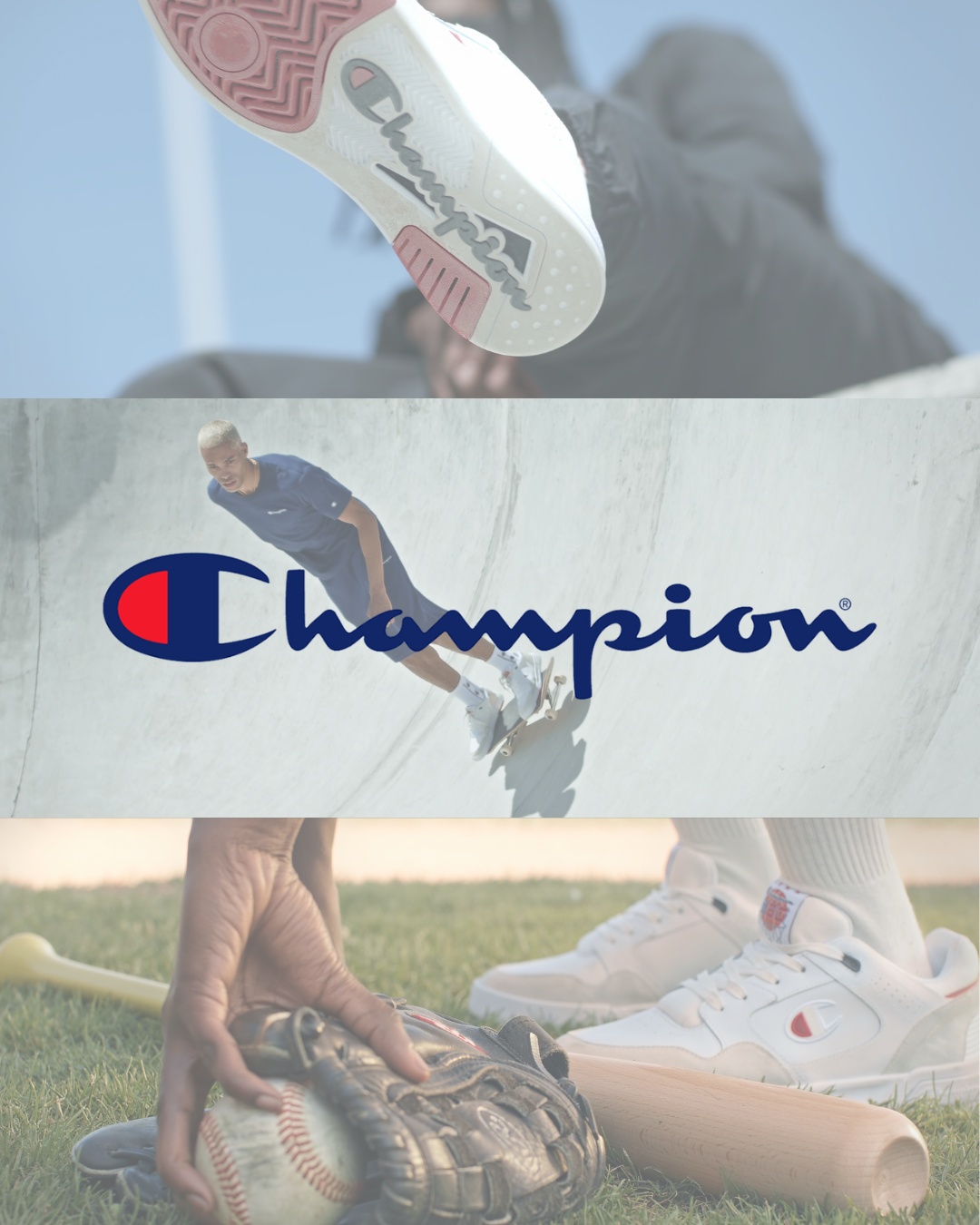 Champion ad with a skater, shoes, baseball glove, and baseball.