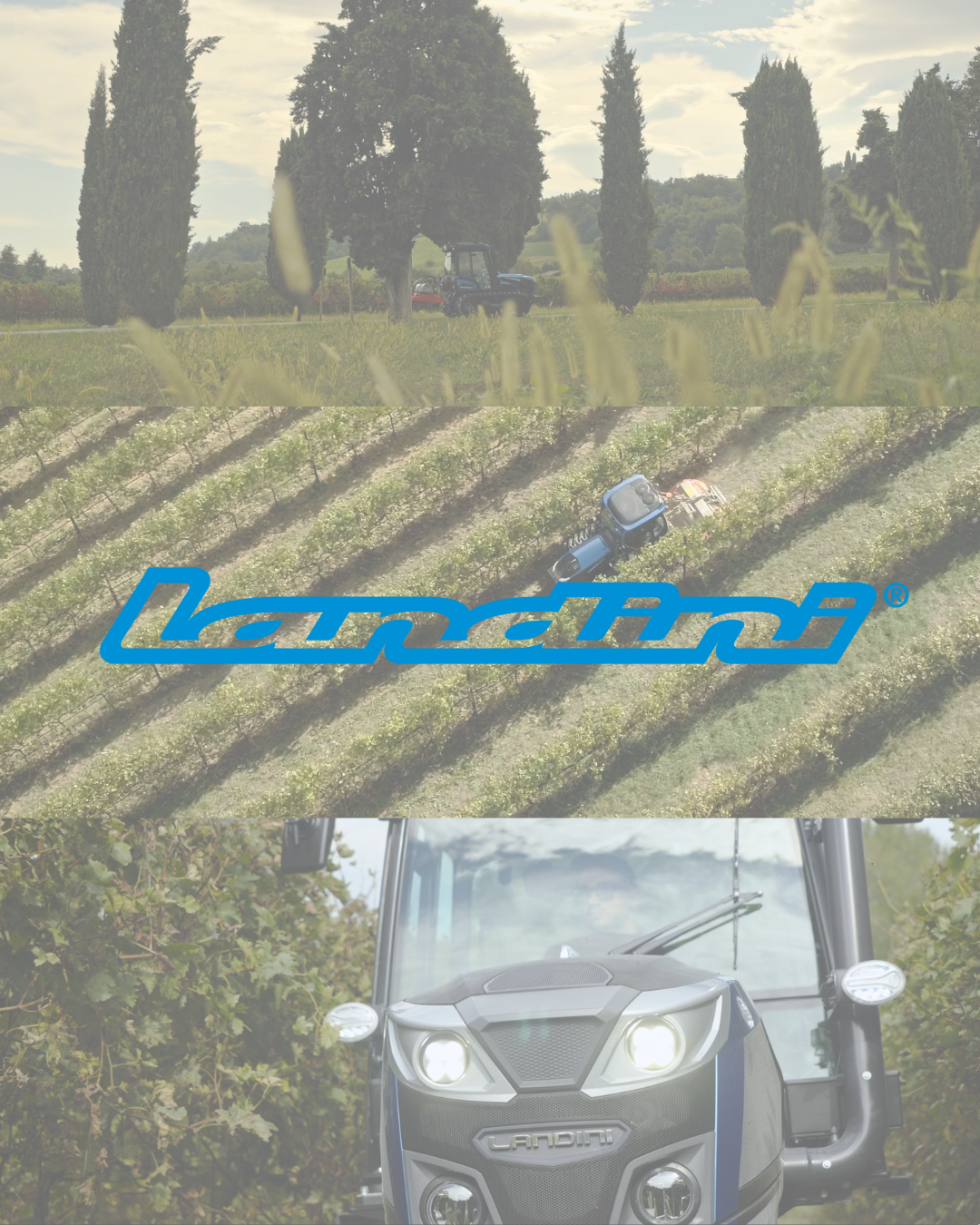 A Landini tractor working in a vineyard; logo overlaid.