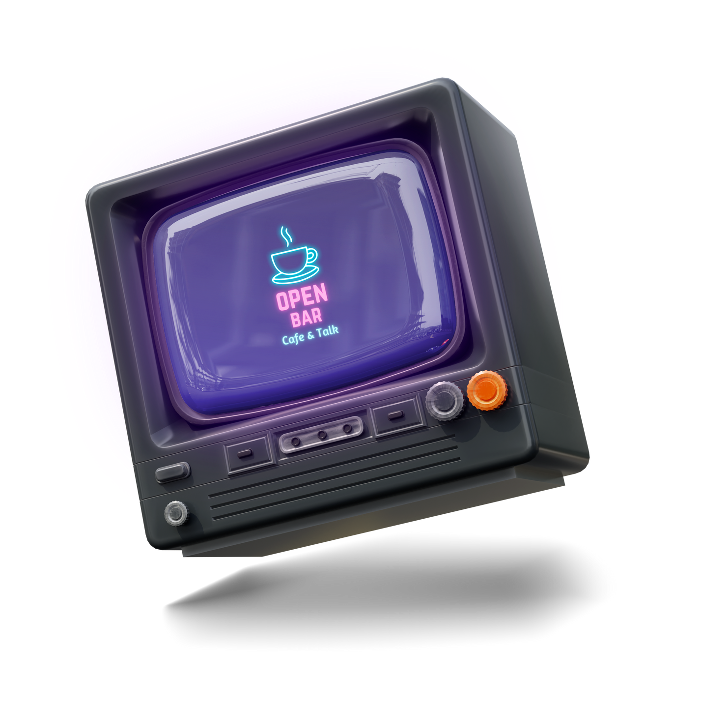 Retro TV with a purple screen displaying a neon coffee cup and 