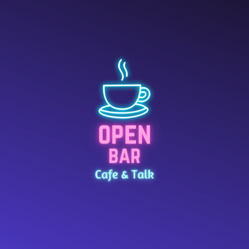 Logo dell'insegna al neon: Open Bar Cafe & Talk, grafica di tazza e piattino in blu. Testo rosa. Sfondo viola.
