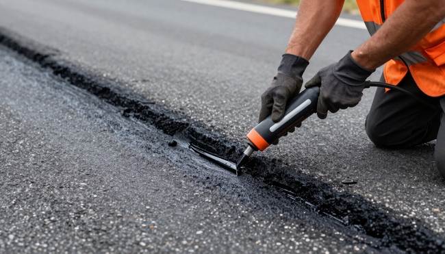 Worker filling asphalt cracks with sealant during crack sealing in Dallas, TX