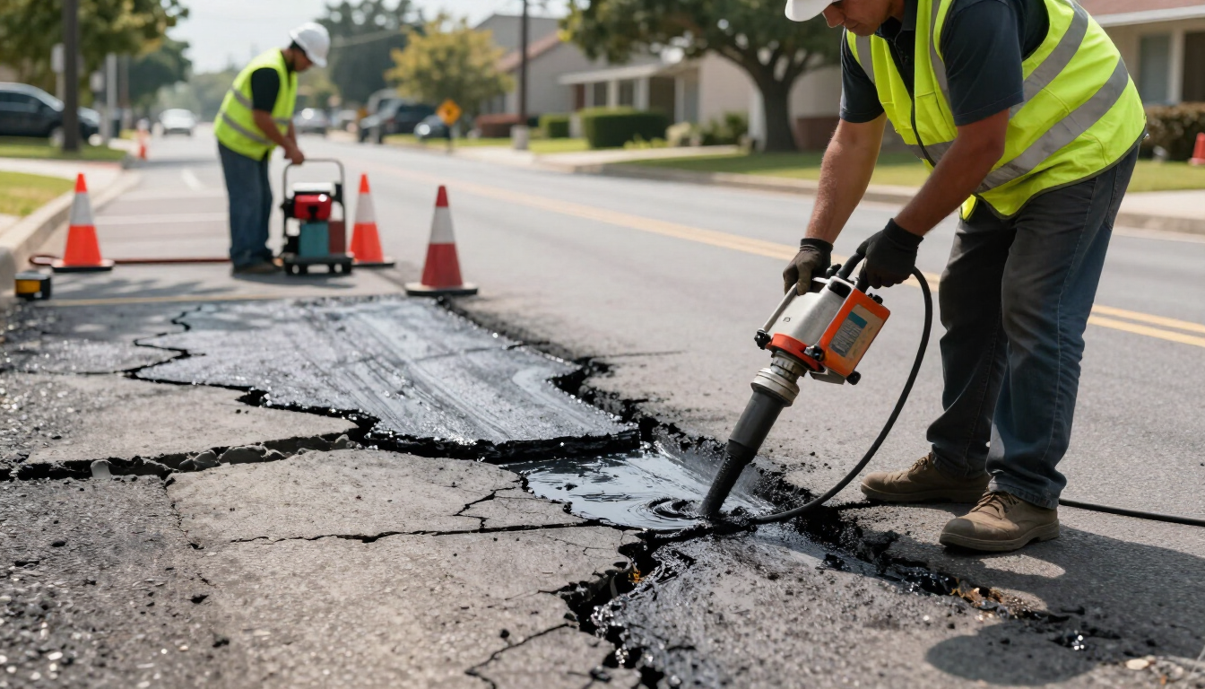 Worker sealing wide pavement cracks with repair equipment during crack sealing in Dallas, TX