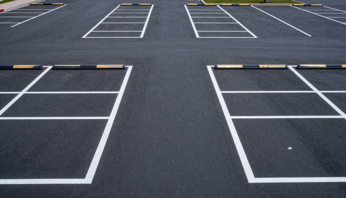 Fresh parking lot striping with bright white lines on asphalt in Dallas, TX