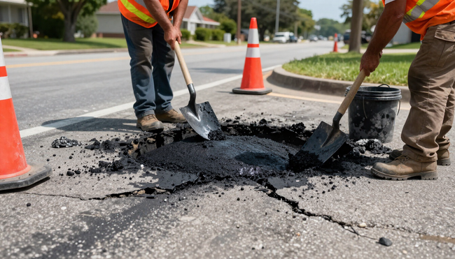 Crew repairing a damaged pothole with hot asphalt during pot hole repair in Dallas, TX