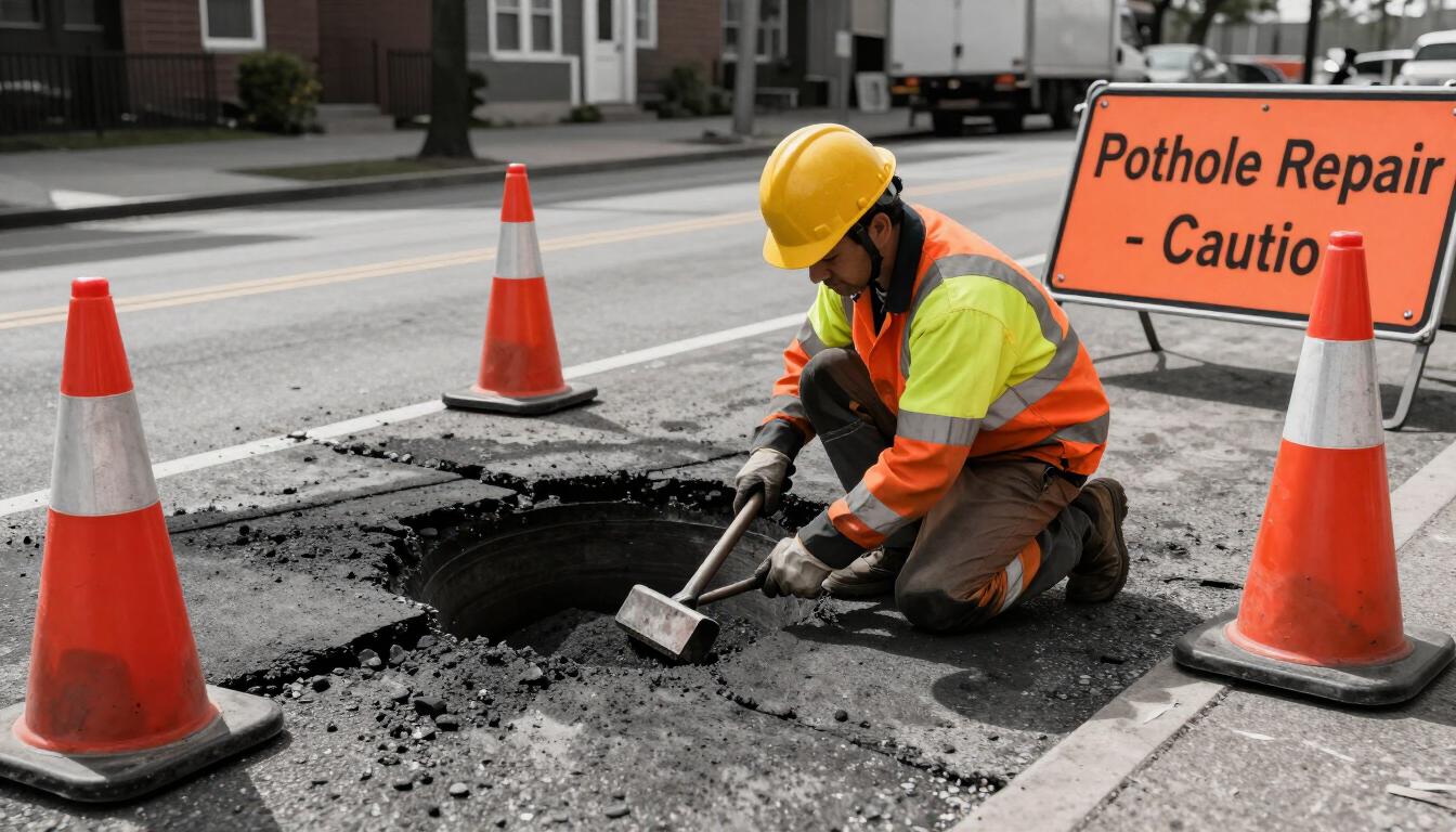 Worker patching a pothole inside a cone-marked repair zone during pot hole repair in Dallas, TX