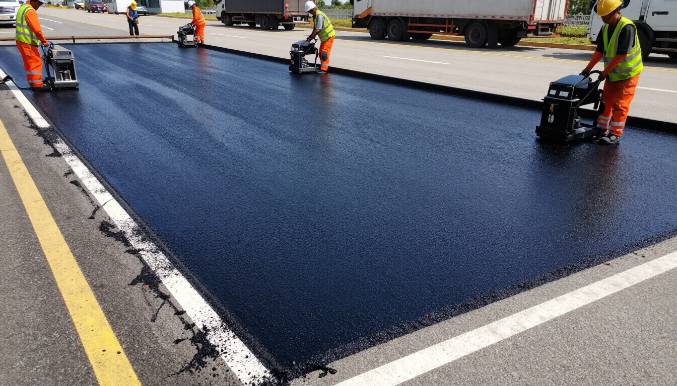 Crew applying sealcoat across a parking lot surface during sealcoating in Dallas, TX