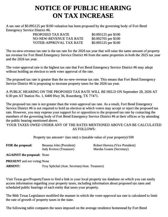 Notice of public hearing on tax increase flyer with small black text on white background
