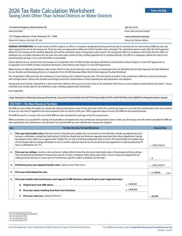 Tax Rate Calculation Worksheet form with blue header and fillable fields for school district or water district taxes