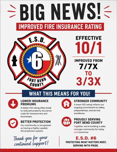 Fire safety announcement with E.S.D. 6 badge, red/blue text on improved insurance rating and dates.