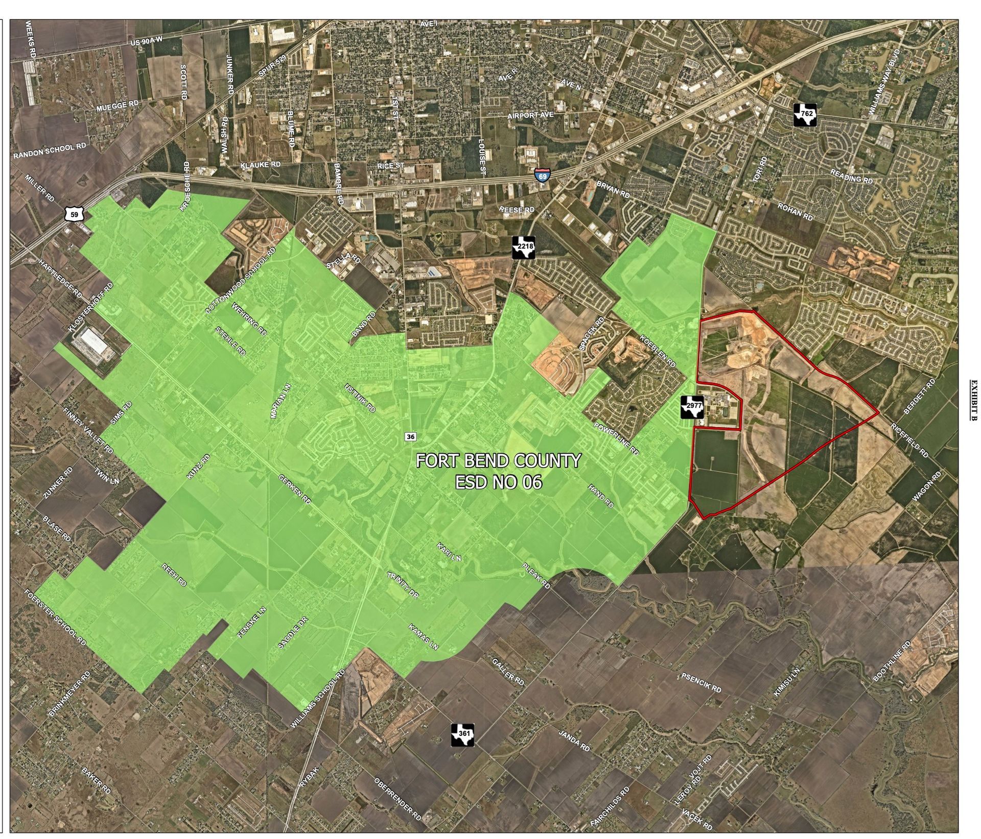 A satellite view shows a large green highlighted area covering part of a county, with a red outlined zone on the right.