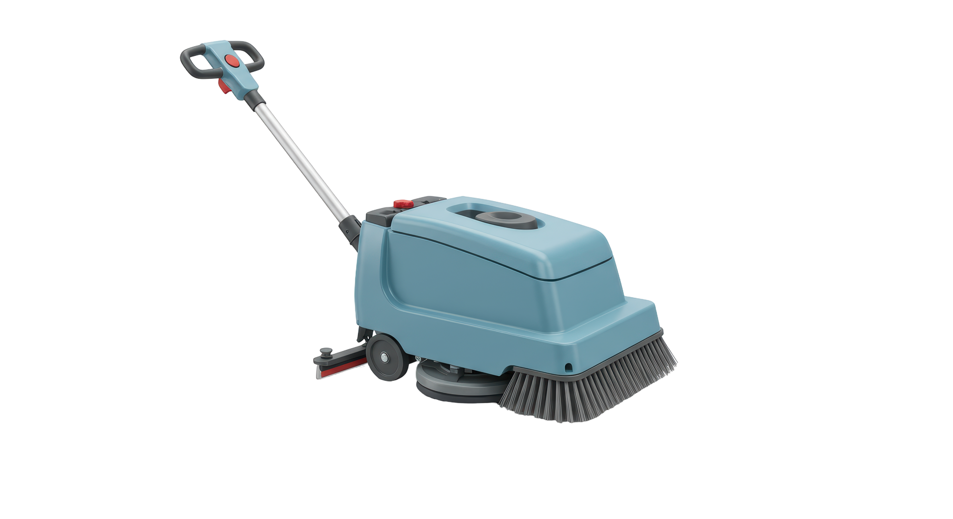 Blue floor scrubber machine with handle and rotating brushes on a white background
